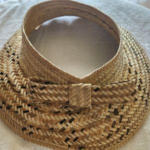 Open brim mixed straw hat with matching clutch purse.